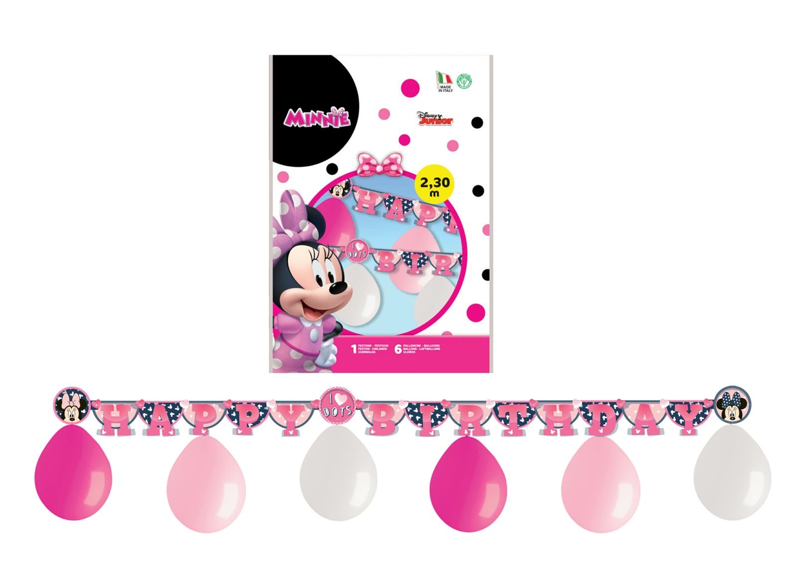 Kit festón happy birthday + 6 globos Minnie