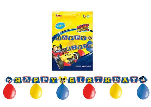 Kit festón happy birthday + 6 globos Mickey